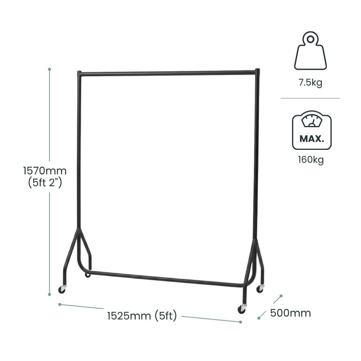 Dimension diagram for the 5ft black clothes rail: 1570mm tall, 1525mm wide, 500mm deep, 7.5kg unit weight and 160kg maximum load capacity.

