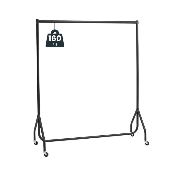 Black 5ft steel clothes rail on castors with a 160kg SATRA-tested load capacity, shown against a white background with capacity badge.
