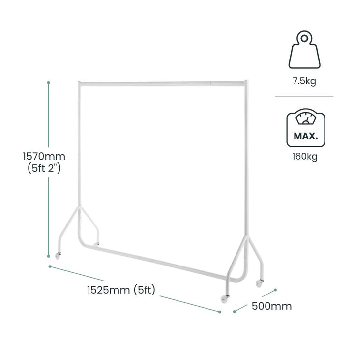 Dimension diagram for the 5ft white clothes rail: 1570mm tall, 1525mm wide, 500mm deep, 7.5kg unit weight and 160kg maximum load capacity.
