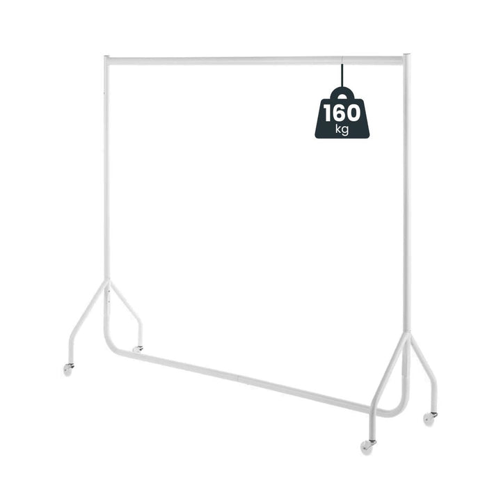 White 5ft heavy duty clothes rail on four castor wheels with a 160kg SATRA-tested load rating, shown on a white background.
