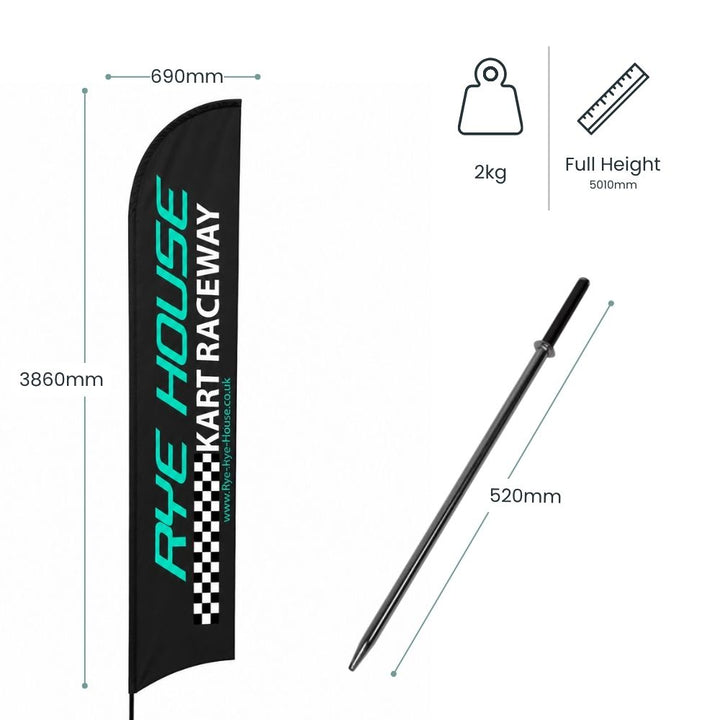 Rye House Kart Raceway black feather flag with spike base, full height dimensions and outdoor promotional display specifications for UK events.