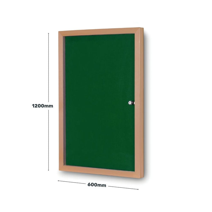 Green lockable noticeboard sized 600mm by 1200mm, featuring a sturdy wood-effect frame and secure clear cover, ideal for protecting notices in schools, offices, and public spaces.