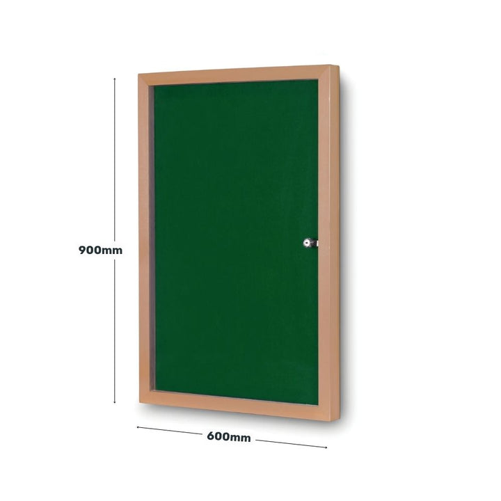 Green lockable noticeboard measuring 600mm by 900mm, designed with a durable wood-effect frame and clear protective cover, perfect for securely displaying notices in educational or office settings.