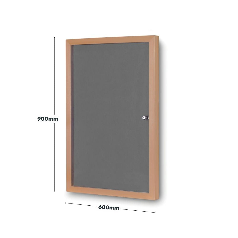 Grey lockable noticeboard measuring 600mm by 900mm with a wood-effect frame, ideal for secure indoor use in offices, schools, and communal areas.