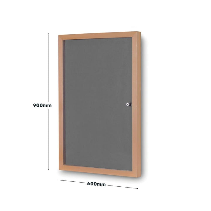 Grey lockable noticeboard measuring 600mm by 900mm with a wood-effect frame, ideal for secure indoor use in offices, schools, and communal areas.