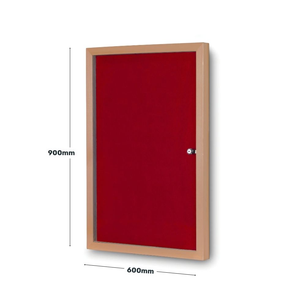 Red lockable noticeboard with dimensions 600mm by 900mm, featuring a secure clear cover and wood-effect frame, perfect for indoor information displays in schools, offices, or shared buildings.