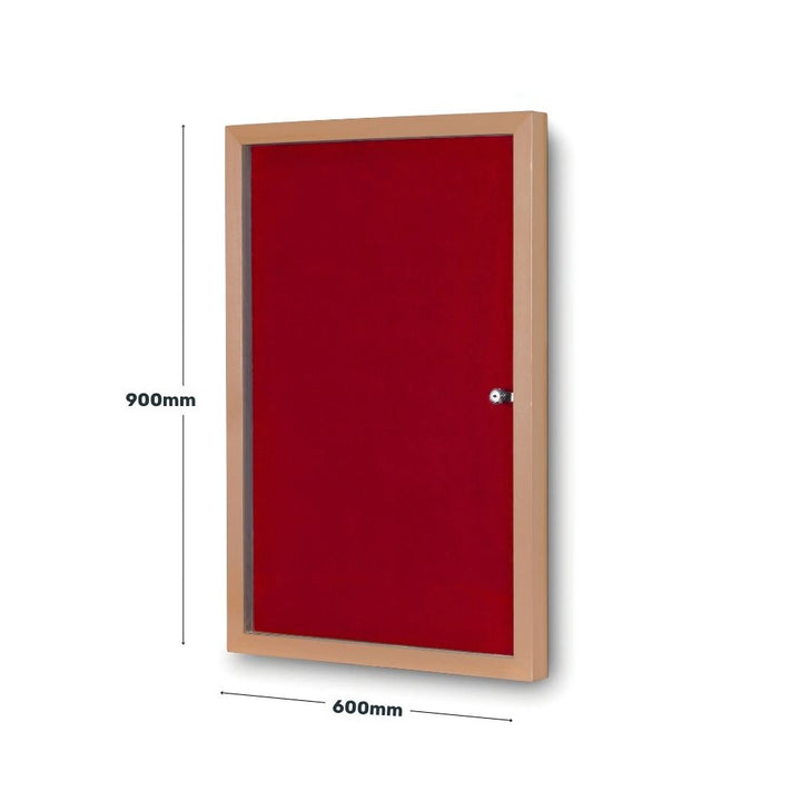 Red lockable noticeboard with dimensions 600mm by 900mm, featuring a secure clear cover and wood-effect frame, perfect for indoor information displays in schools, offices, or shared buildings.
