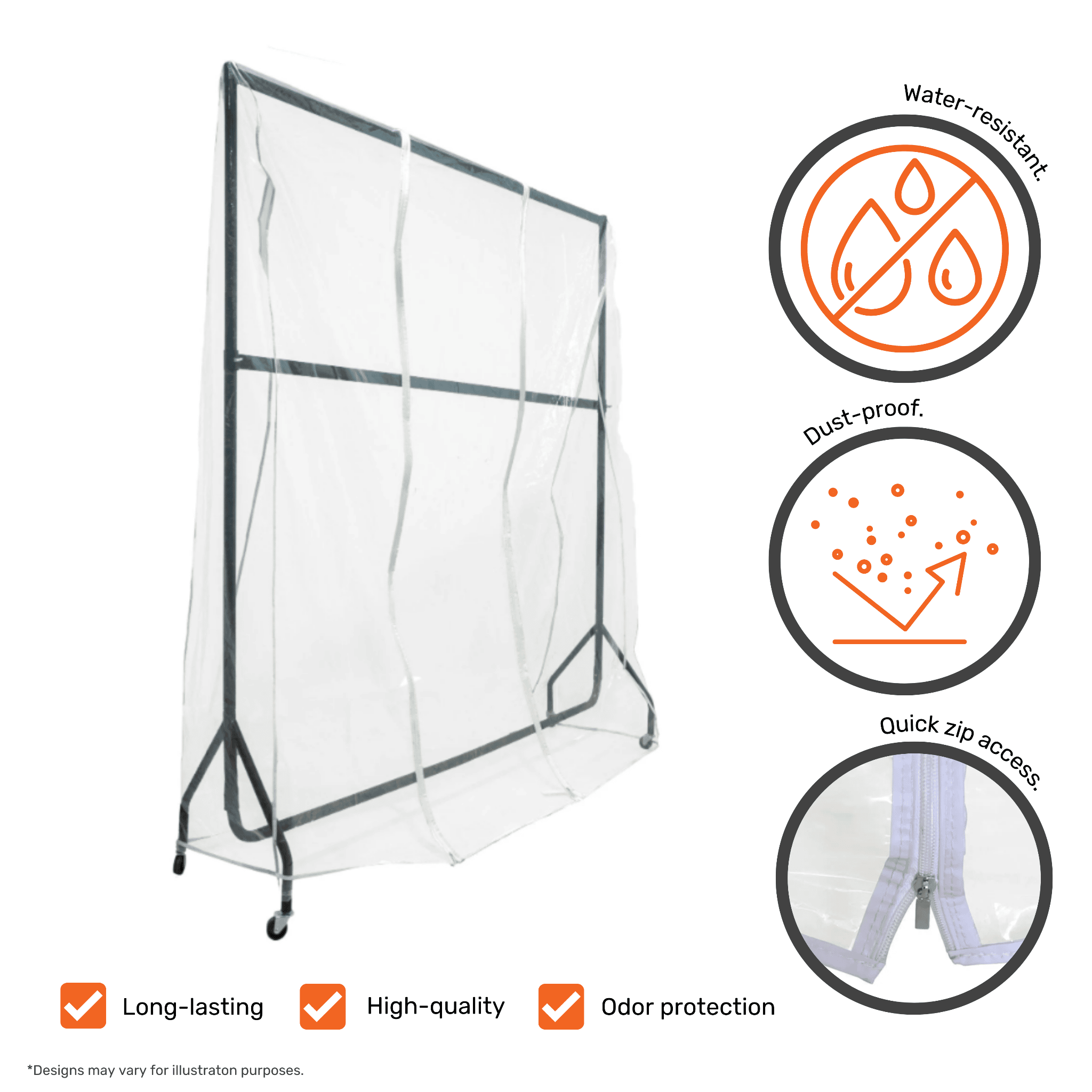 Transparent 6ft x 7ft clothes rail cover designed to keep clothing clean and visible while stored.