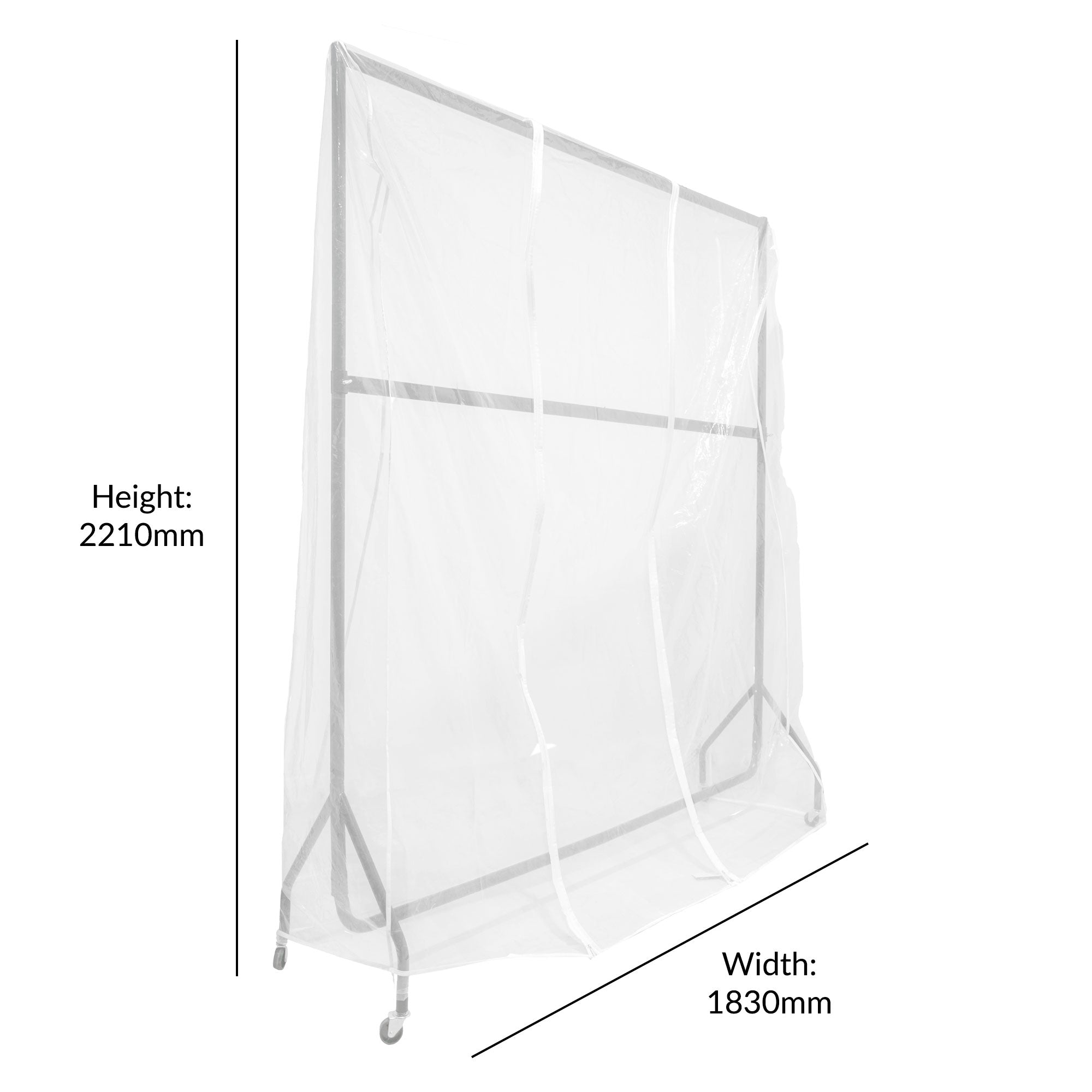 Clear clothes rail cover, 6ft x 7ft, offering a practical and tidy solution for garment protection.
