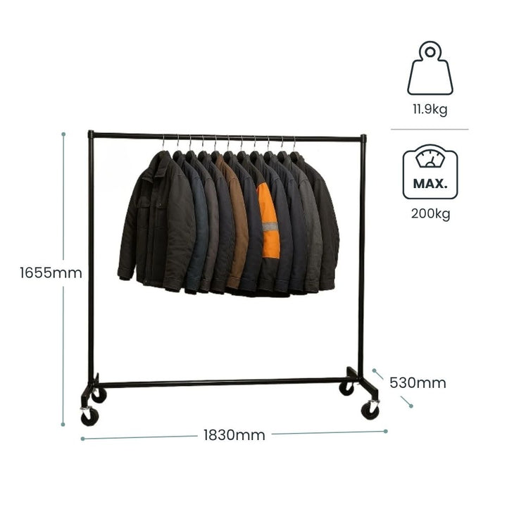 Dimension diagram for the 6ft super heavy duty clothes rail: 1655mm tall, 1830mm wide, 530mm deep, 11.9kg unit weight and 200kg maximum load.
