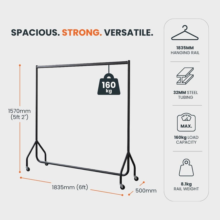 Dimension diagram of the 6ft black heavy duty clothes rail with 32mm steel tubing, 160kg load capacity and full product measurements.