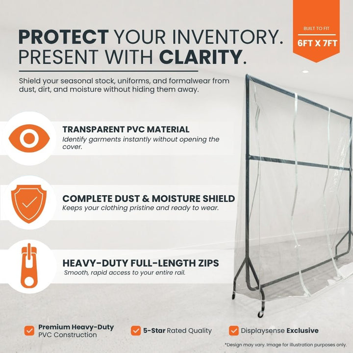 Feature panel: transparent PVC for garment visibility without opening the cover, full dust and moisture shield, heavy-duty full-length zips, 6ft x 7ft fit.
