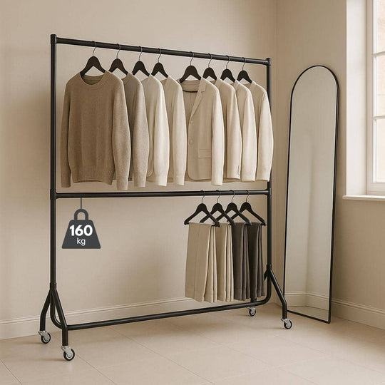 6ft Wide x 7ft Tall Two-Tier Black Commercial Grade Heavy Duty Steel Clothes Rail With 160kg Load Capacity