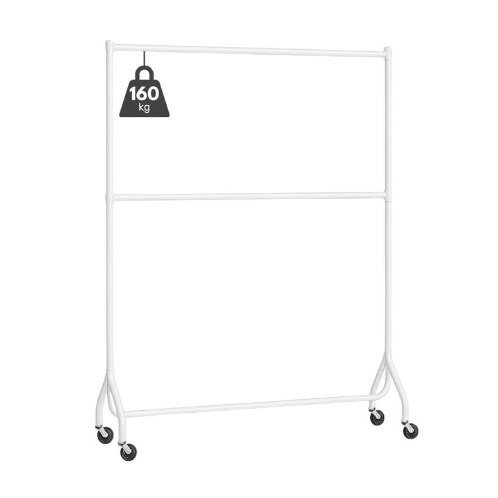 Double-level white clothes rail – 6ft wide freestanding unit with strong steel frame and 160kg weight rating