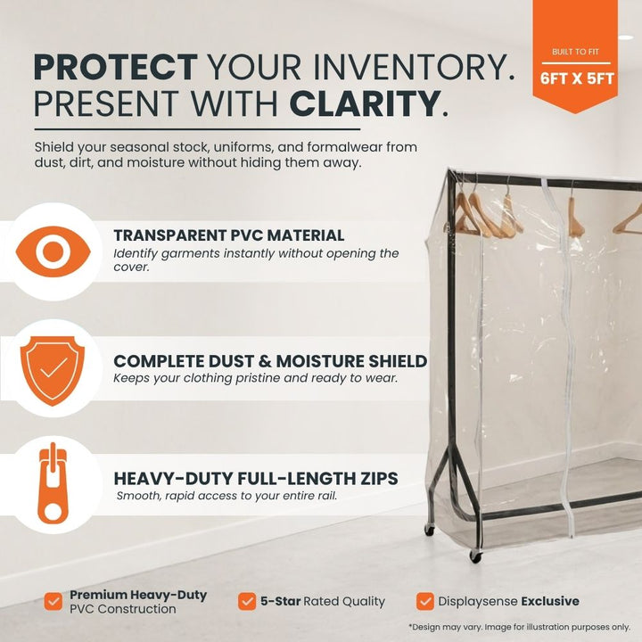Feature panel: transparent PVC for see-through garment identification, full dust and moisture shield, heavy-duty full-length zips, 6ft x 5ft sizing.
