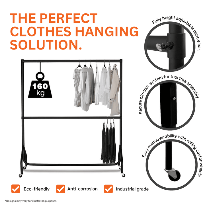 Commercial black steel rail – two-level 3ft wide freestanding garment rack with 160kg load for shop floors