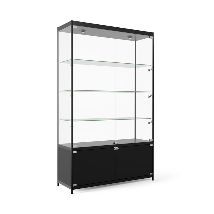 Studio shot of the narrower 800mm frame, three glass shelves stepped above a two-door cupboard section closing on a central lock, sized for retail corners.
