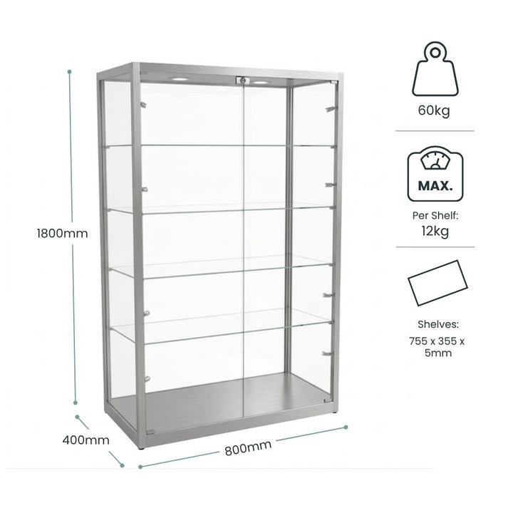 Scaled drawing putting the cabinet at 1800mm high, 800mm wide and 400mm deep, 60kg overall, with four 755 x 355 x 5mm shelves rated to 12kg.
