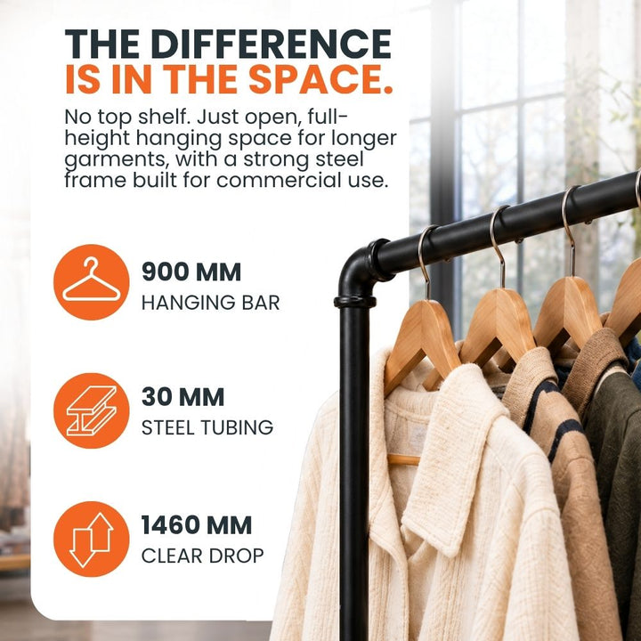 Close-up of the open clothes rail illustrating its 900mm hanging bar, 30mm steel tubing and 1460mm clear drop for longer garments.