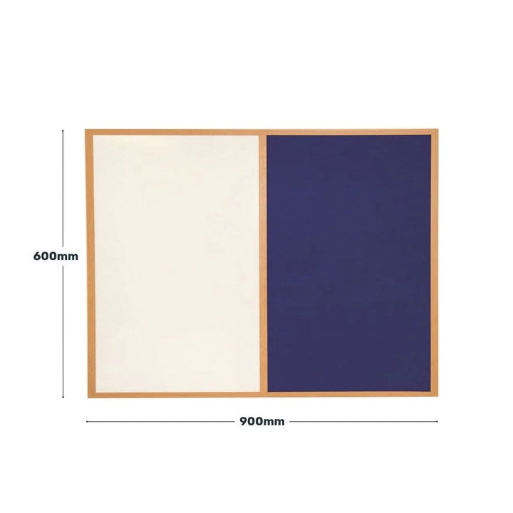 Noticeboard and whiteboard combination board with navy blue and white surfaces, measuring 900mm by 600mm and framed in light wood.

