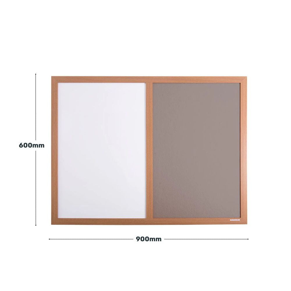 Compact dual-function board with a grey felt noticeboard and whiteboard surface, 900mm by 600mm in size with a wooden frame.

