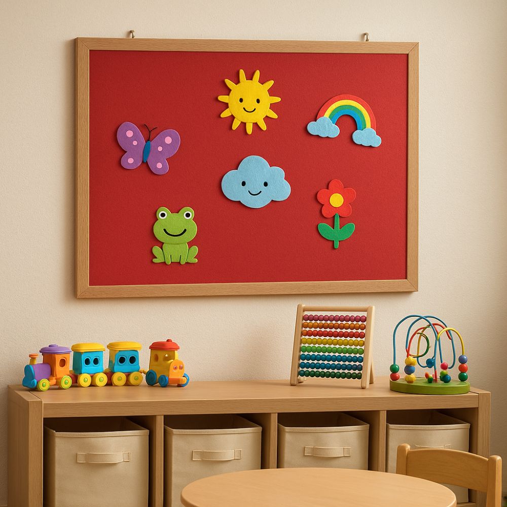 Red felt noticeboard with wooden frame mounted on a classroom wall, decorated with colourful felt shapes including a sun, rainbow, frog, butterfly, flower and cloud.

