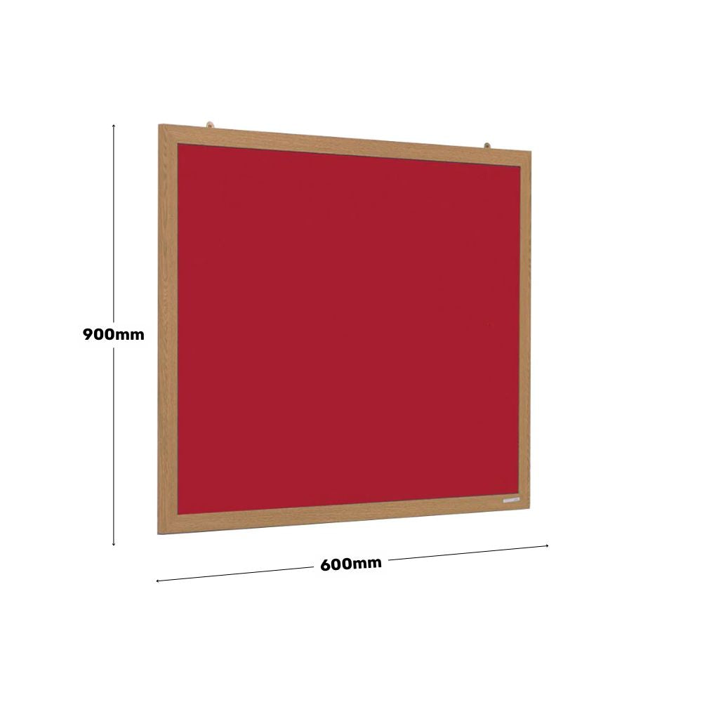 Red fabric noticeboard with wooden frame shown on white background with overlaid dimensions of 900mm height and 600mm width.

