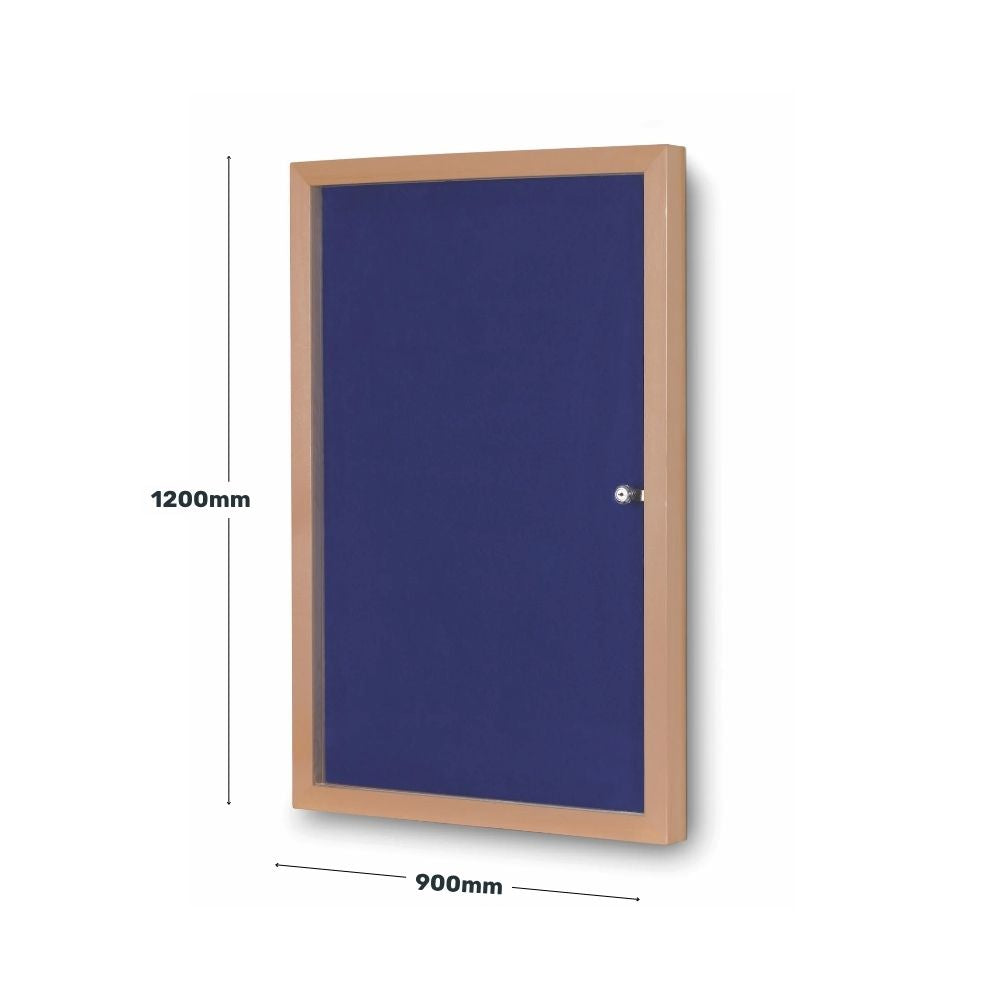 Blue lockable noticeboard measuring 900mm by 1200mm with a clear cover and wood-effect frame, designed for securely displaying notices in public and professional spaces.