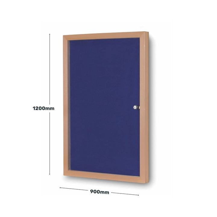 Blue lockable noticeboard measuring 900mm by 1200mm with a clear cover and wood-effect frame, designed for securely displaying notices in public and professional spaces.