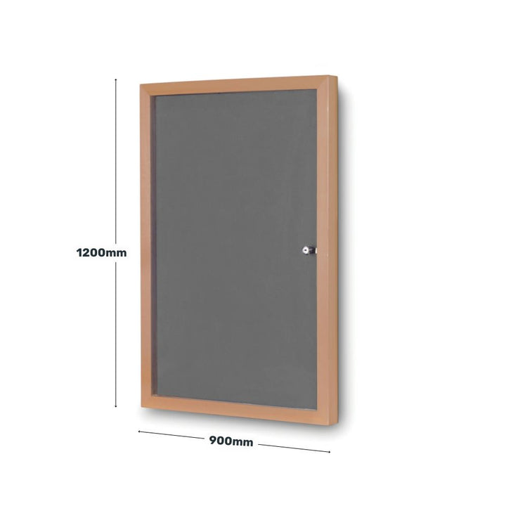 Grey lockable noticeboard measuring 900mm by 1200mm with a wood-style frame and secure clear door, perfect for indoor environments such as offices, schools, and community centres.