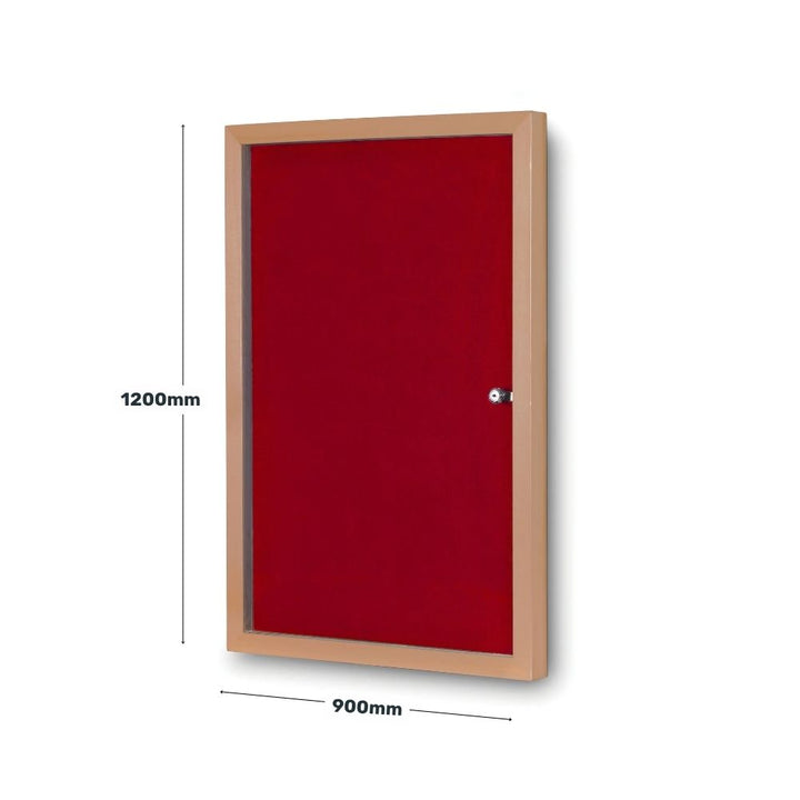 Red lockable noticeboard measuring 900mm by 1200mm, with a wood-effect frame and secure clear front, ideal for displaying important messages in schools, offices, and public buildings.

