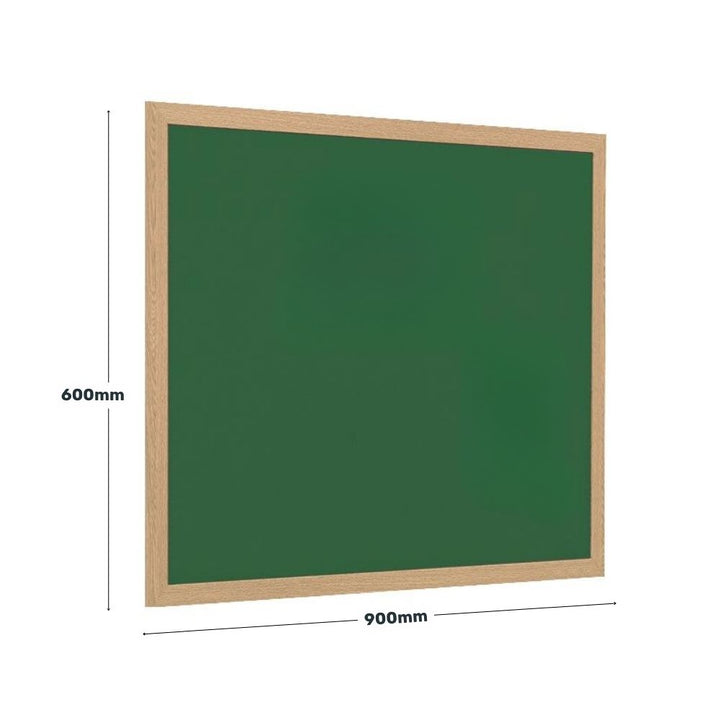 Green felt noticeboard measuring 900mm wide by 600mm high, featuring a light wood-effect frame, ideal for classrooms, offices, or public spaces.