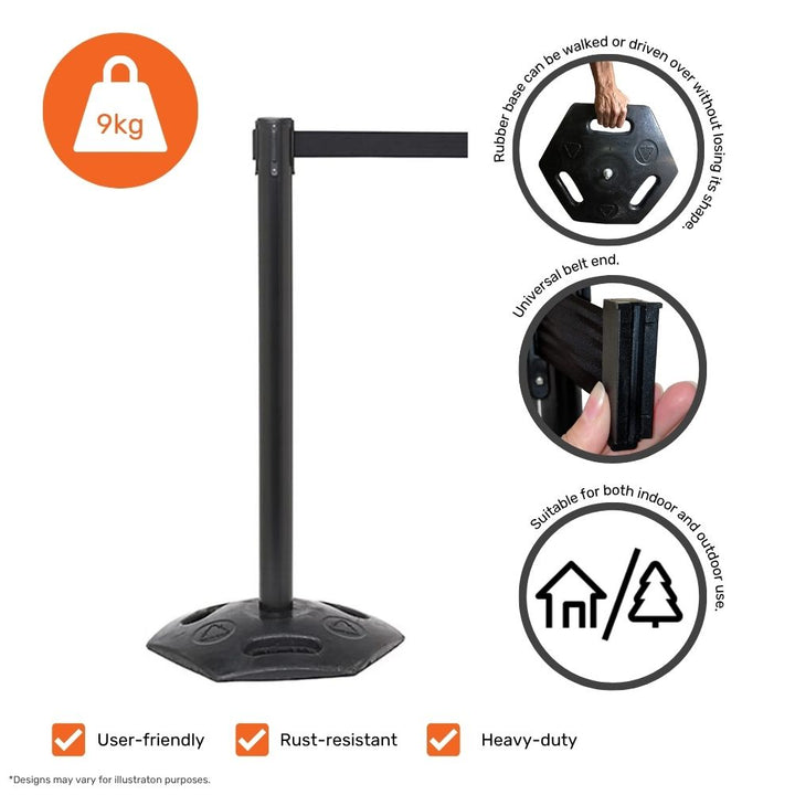 Black retractable barrier post with 9kg rubber base, safety braking system, and indoor/outdoor compatibility—user-friendly, rust-resistant, and designed for high-traffic environments.

