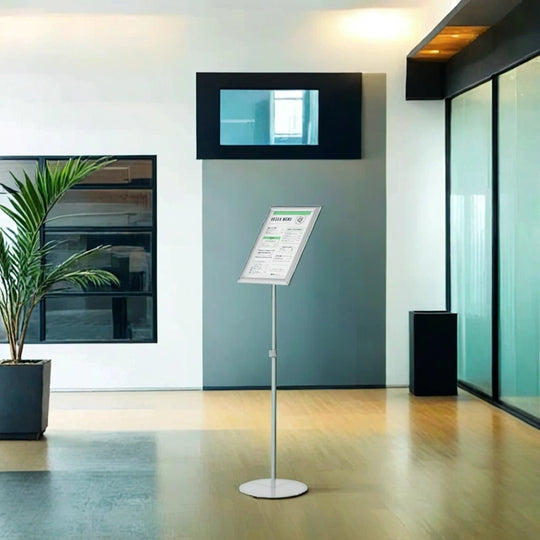 Silver A3 Fully Adjustable Snap Frame Floor Standing Aluminium Poster Display Stand with Telescopic Pole - 327mm Wide x 1428mm High