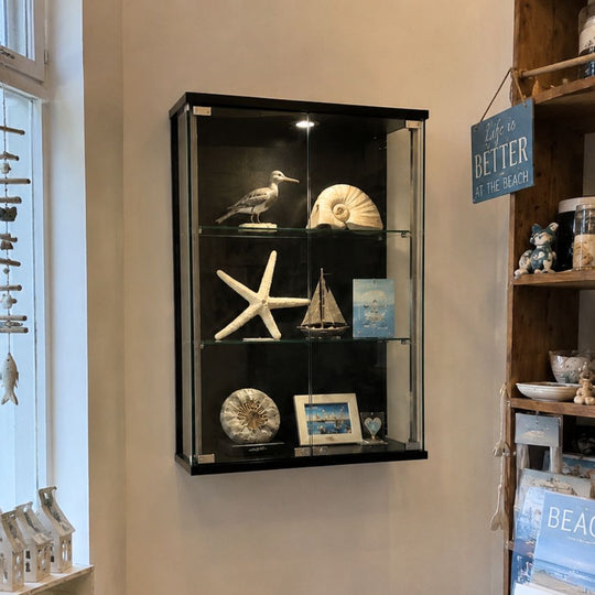 Black Wall Mounted Glass Display Cabinet with LED Lighting and Lock – 600mm Wide