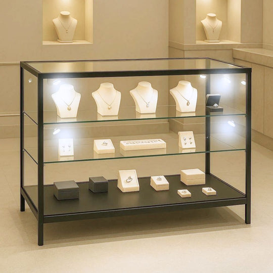 Black Aluminium Glass Counter Display Cabinet with 8 LED Spotlights & Lockable Sliding Doors - 1000 x 500mm