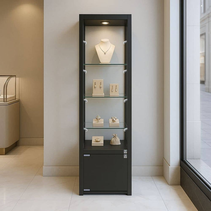 Compact black aluminium display cabinet – 1800mm tall with 3 glass shelves, lockable doors and 9 integrated LED lights