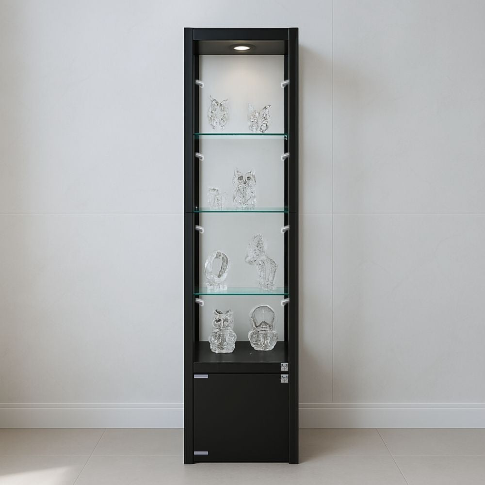 A stylish black aluminium lockable glass display cabinet with 3 adjustable shelves and 9 LED lights for enhanced product visibility. Measuring 1800mm high x 400mm wide, this secure and modern storage solution is ideal for UK retail and jewellery stores.