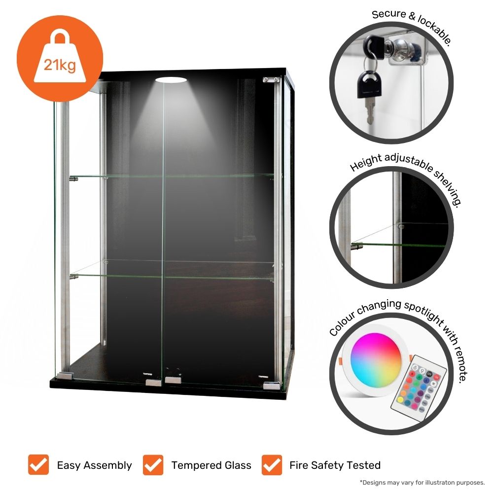 Black Wall Mounted Double Door Display Cabinet with 2 Adjustable Shelves and LED Light - 600mm