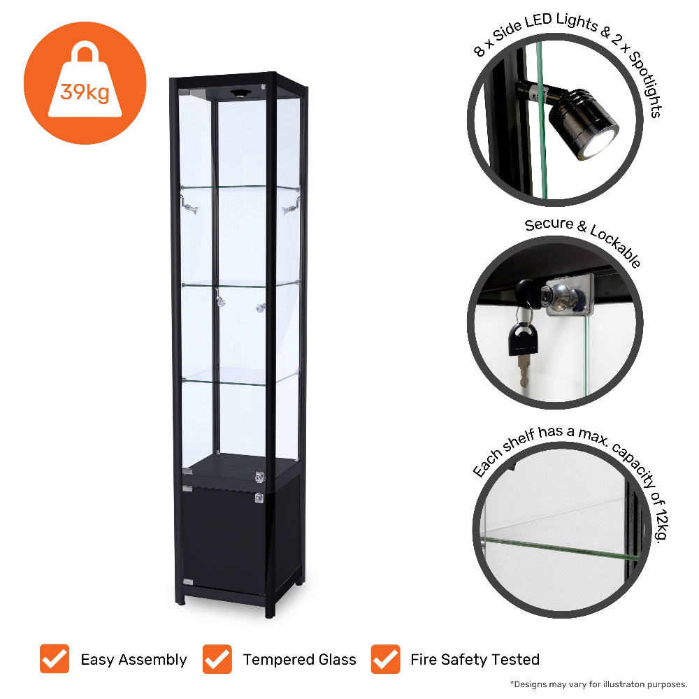 Sleek black aluminium display cabinet with lockable glass doors, three adjustable shelves, and nine LED lights, perfect for retail and exhibitions.
