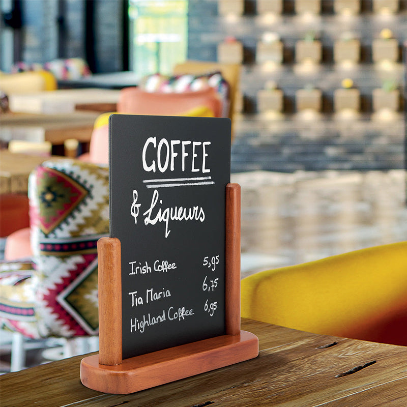 A5 Table-Top Menu Chalkboard with Dark Brown Lacquered Beechwood Stand