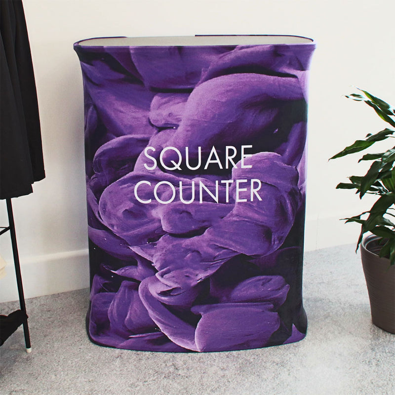 Square Fabric Exhibition Counter with Black Wooden Countertop inc. Graphic Printing Service - 800mm