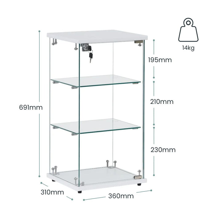 Frameless White Wood Lockable Glass Display Cabinet with 2 Shelves – Countertop Showcase