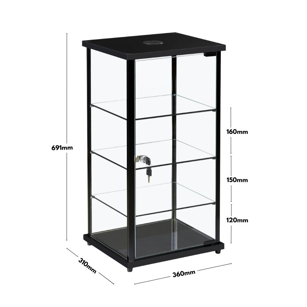 Black aluminium retail display cabinet – lockable glass counter with 3 shelves and built-in LED light