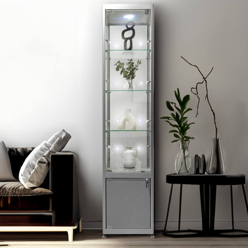 Silver Aluminium Glass Storage Display Cabinet Lockable with 3 Adjustable Shelves & LED Light Panel 1800mm High x 400mm Wide