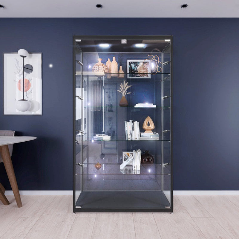Black Aluminium Glass Display Cabinet Lockable with 4 Adjustable Shelves & 10 LED Lights 1800mm High x 1000mm Wide