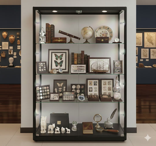 Black Aluminium Glass Display Cabinet Lockable with 4 Adjustable Shelves & 10 LED Lights 1800mm High x 1000mm Wide