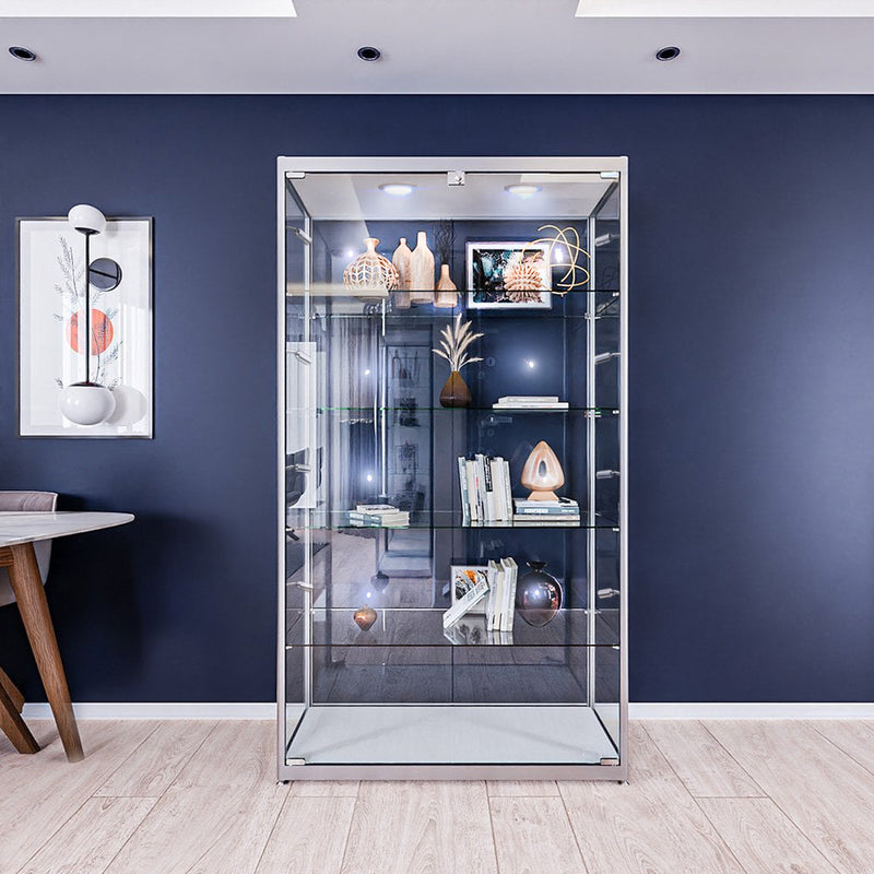 Lockable Silver Aluminium & Glass Display Cabinet: 1800mm High x 1000mm Wide with 4 Adjustable Shelves and Enhanced LED Lighting