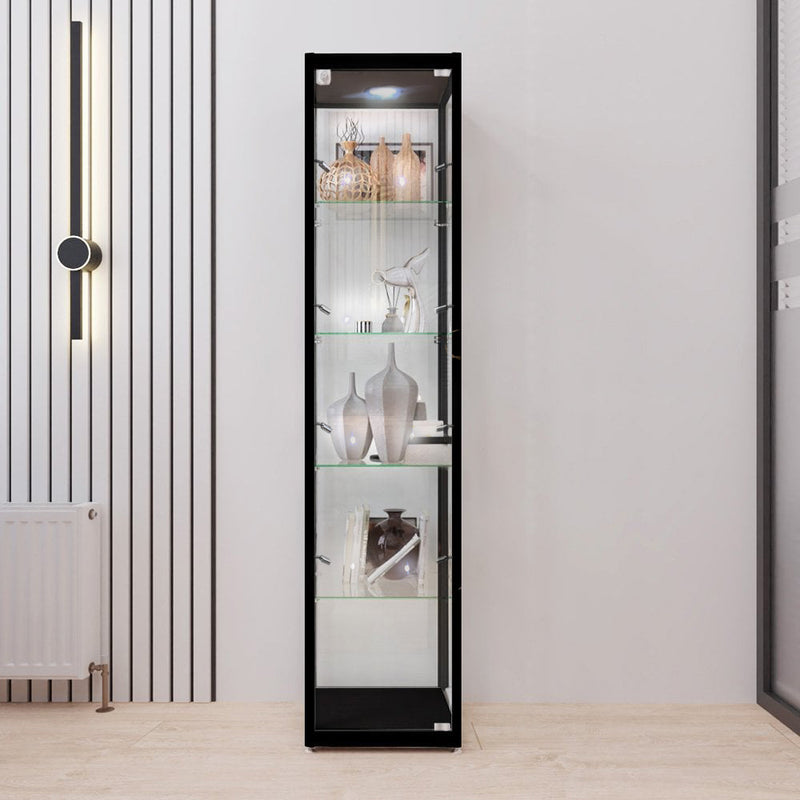 Black Aluminium Lockable Glass Display Cabinet with 4 Adjustable Shelves & 9 LED Lights 1800mm High x 400mm Wide