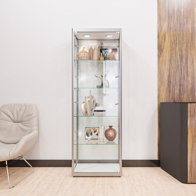 Silver Aluminium Glass Display Cabinet Lockable with 4 Adjustable Shelves & LED Light Panel 1800mm High x 600mm Wide